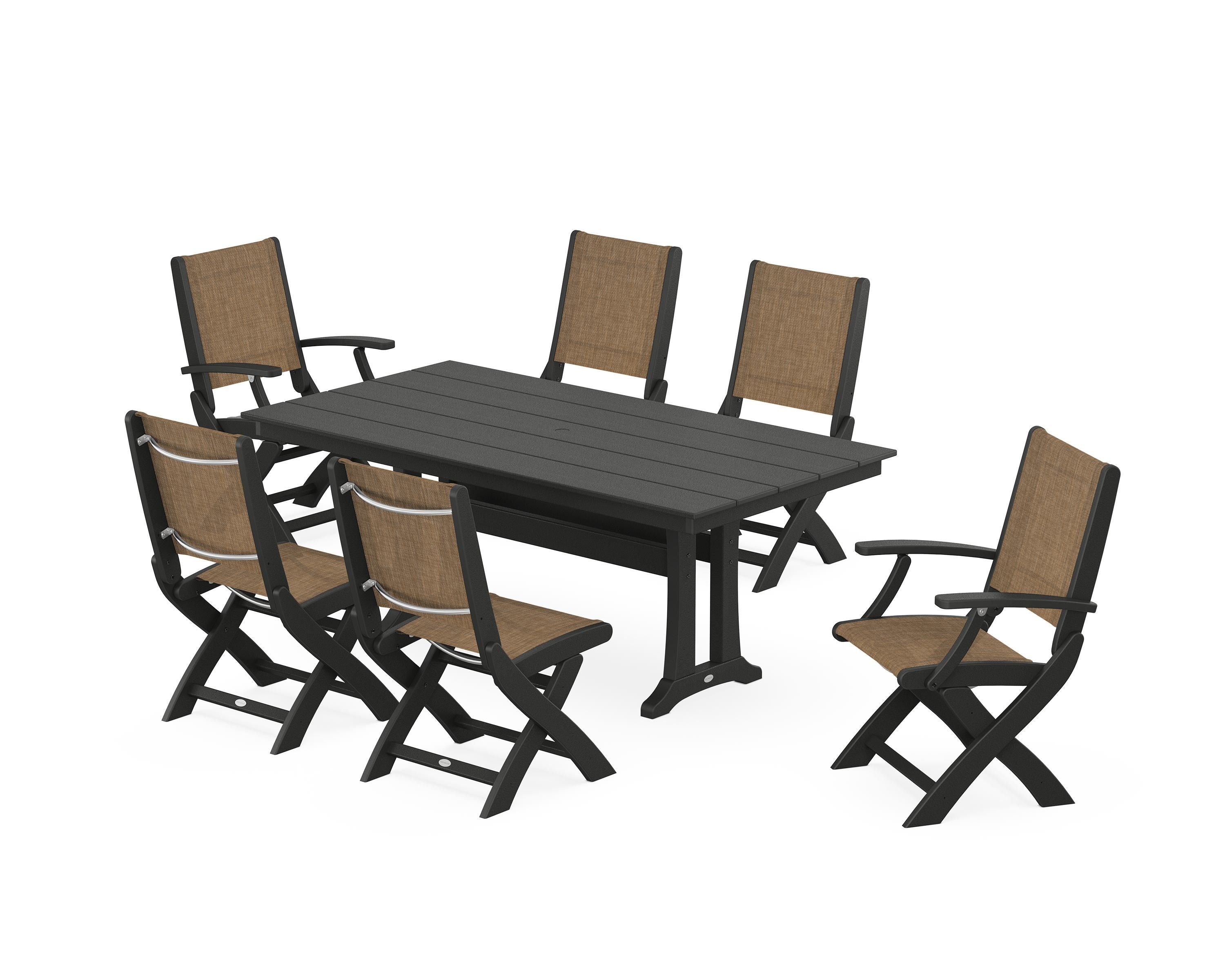 POLYWOOD® Coastal Folding Chair 7-Piece Farmhouse Dining Set with Trestle Legs in Black / Burlap Sling