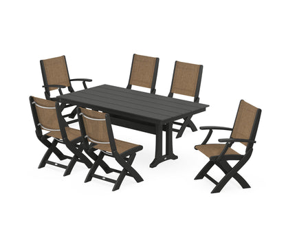 POLYWOOD® Coastal Folding Chair 7-Piece Farmhouse Dining Set with Trestle Legs in Black / Burlap Sling