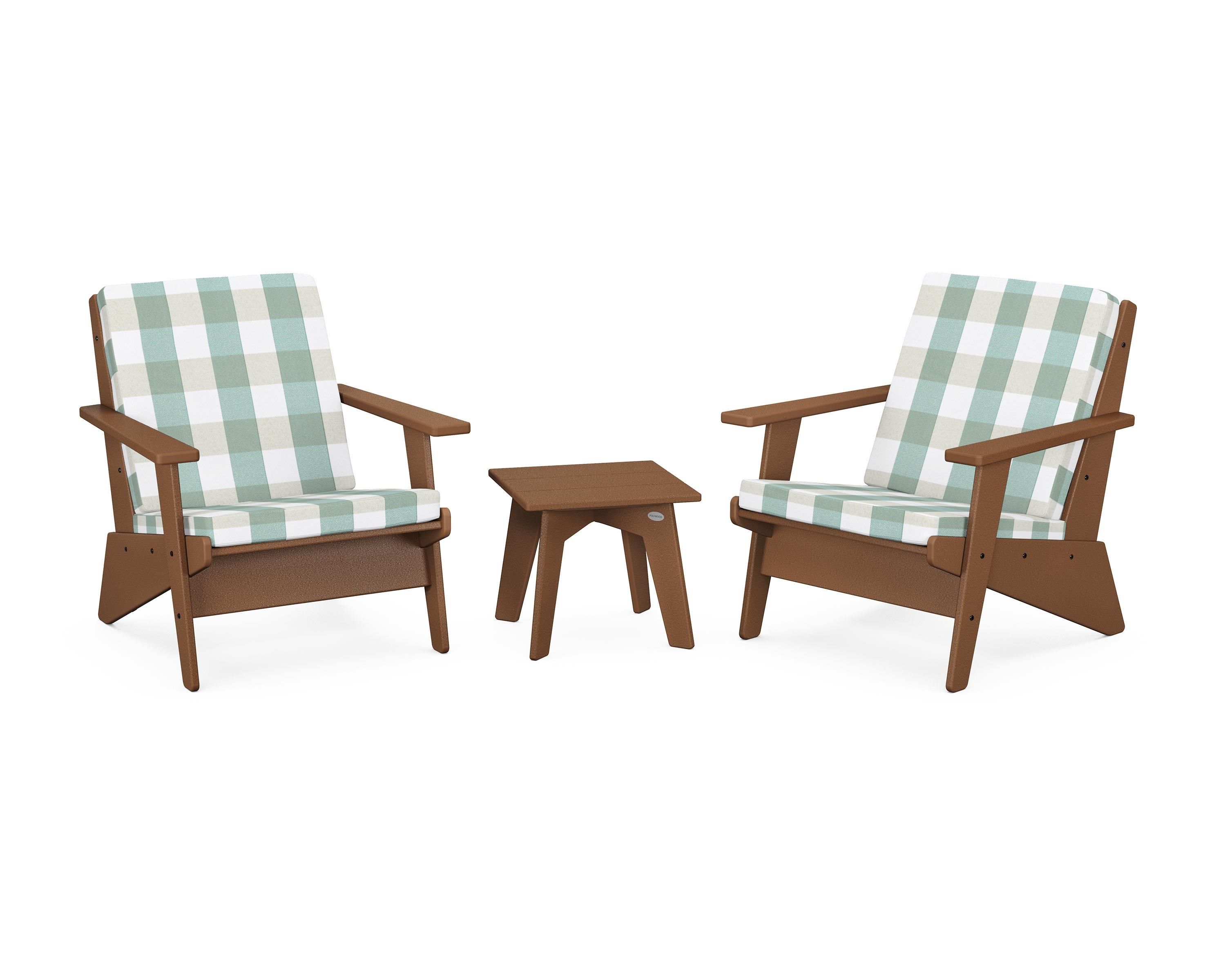 POLYWOOD® Riviera Modern Lounge 3-Piece Set in Teak / Buffalo Plaid Glacier Spa
