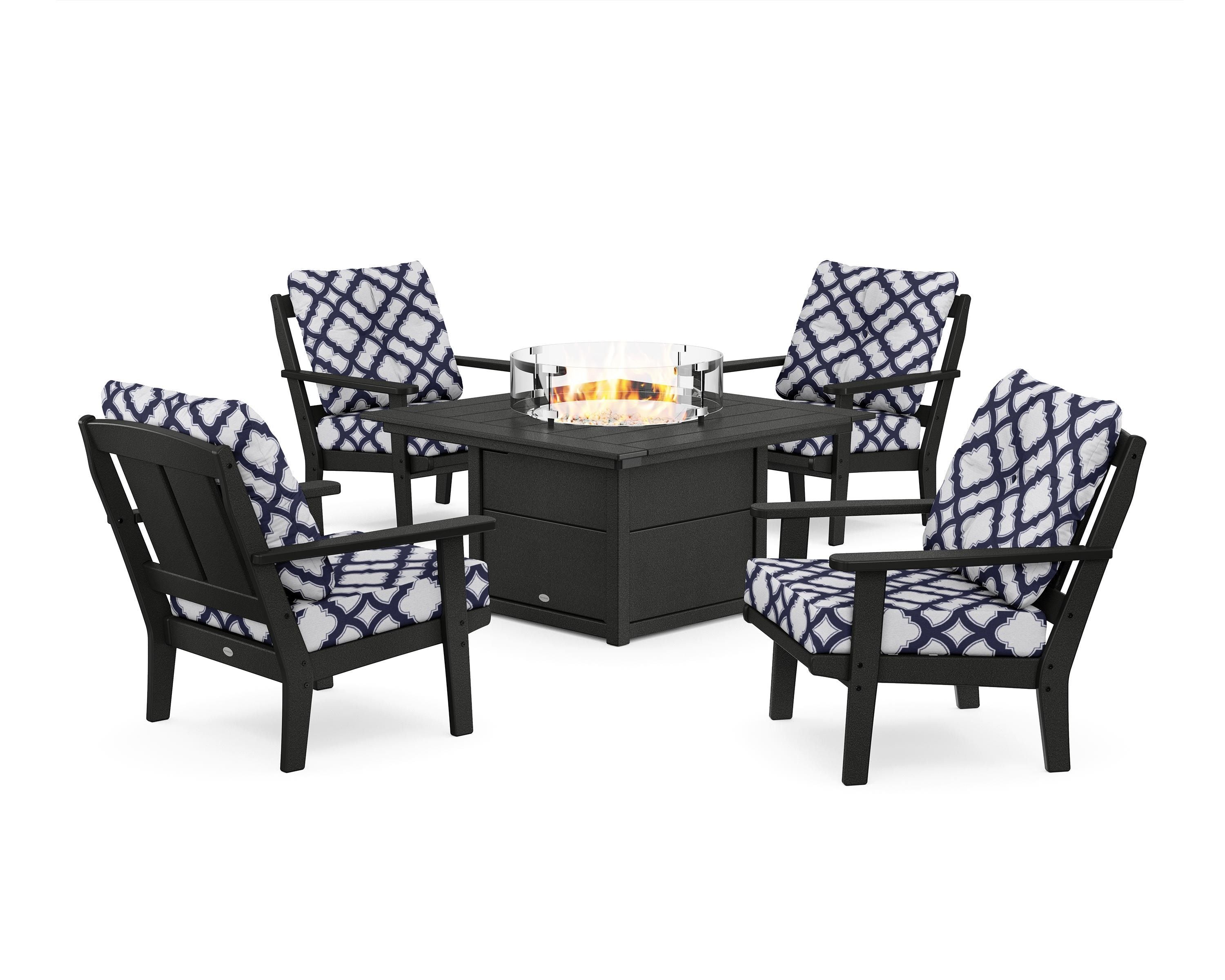 POLYWOOD® Mission 5-Piece Deep Seating Set with Fire Pit Table in Black / Trellis Navy