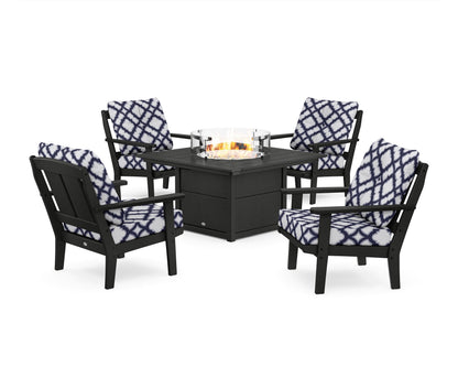 POLYWOOD® Mission 5-Piece Deep Seating Set with Fire Pit Table in Black / Trellis Navy