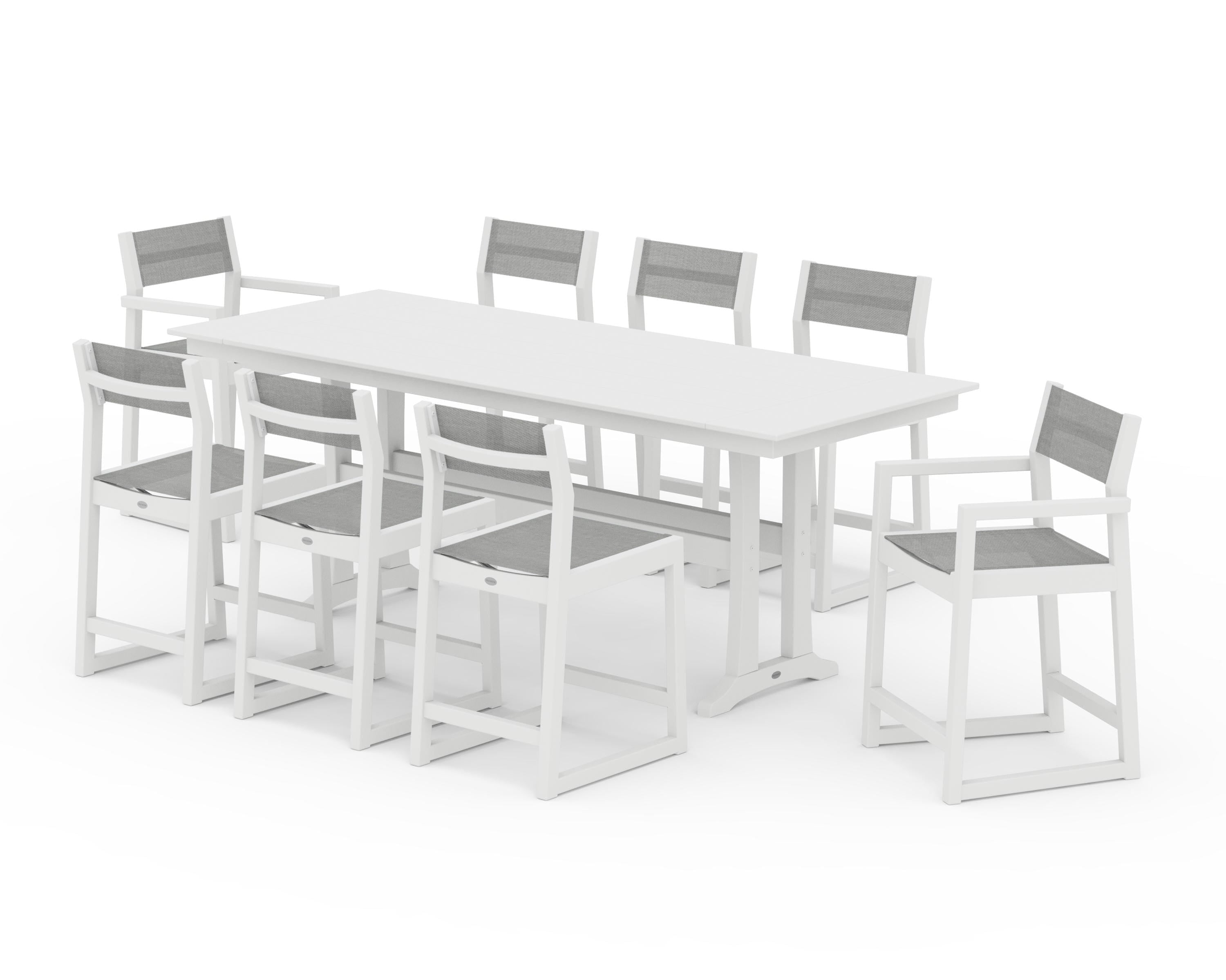 POLYWOOD® EDGE Sling 9-Piece Farmhouse Counter Set with Trestle Legs in White / Metallic Sling