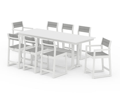 POLYWOOD® EDGE Sling 9-Piece Farmhouse Counter Set with Trestle Legs in White / Metallic Sling