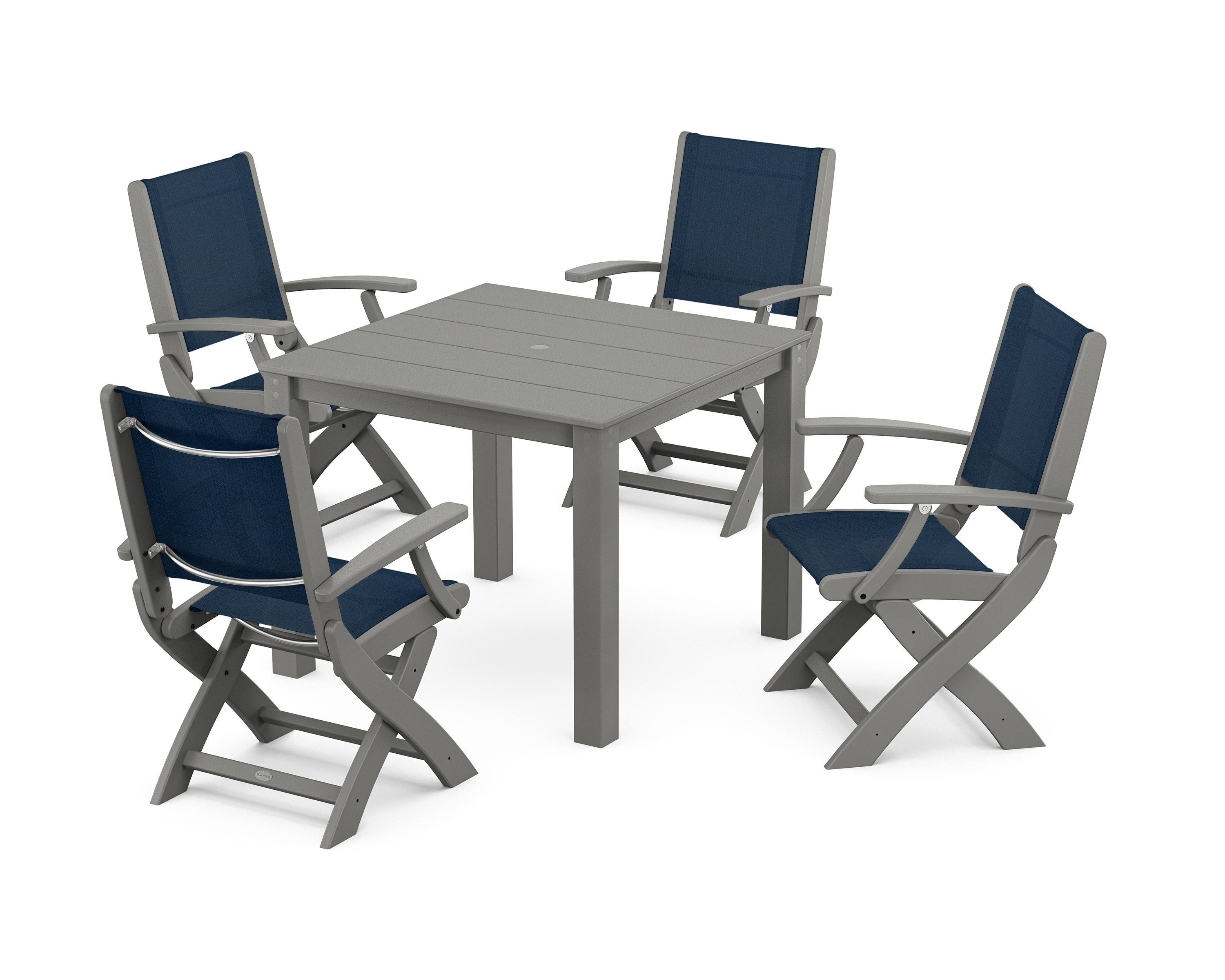 POLYWOOD® Coastal Folding Chair 5-Piece Parsons Dining Set in Slate Grey / Navy Blue Sling