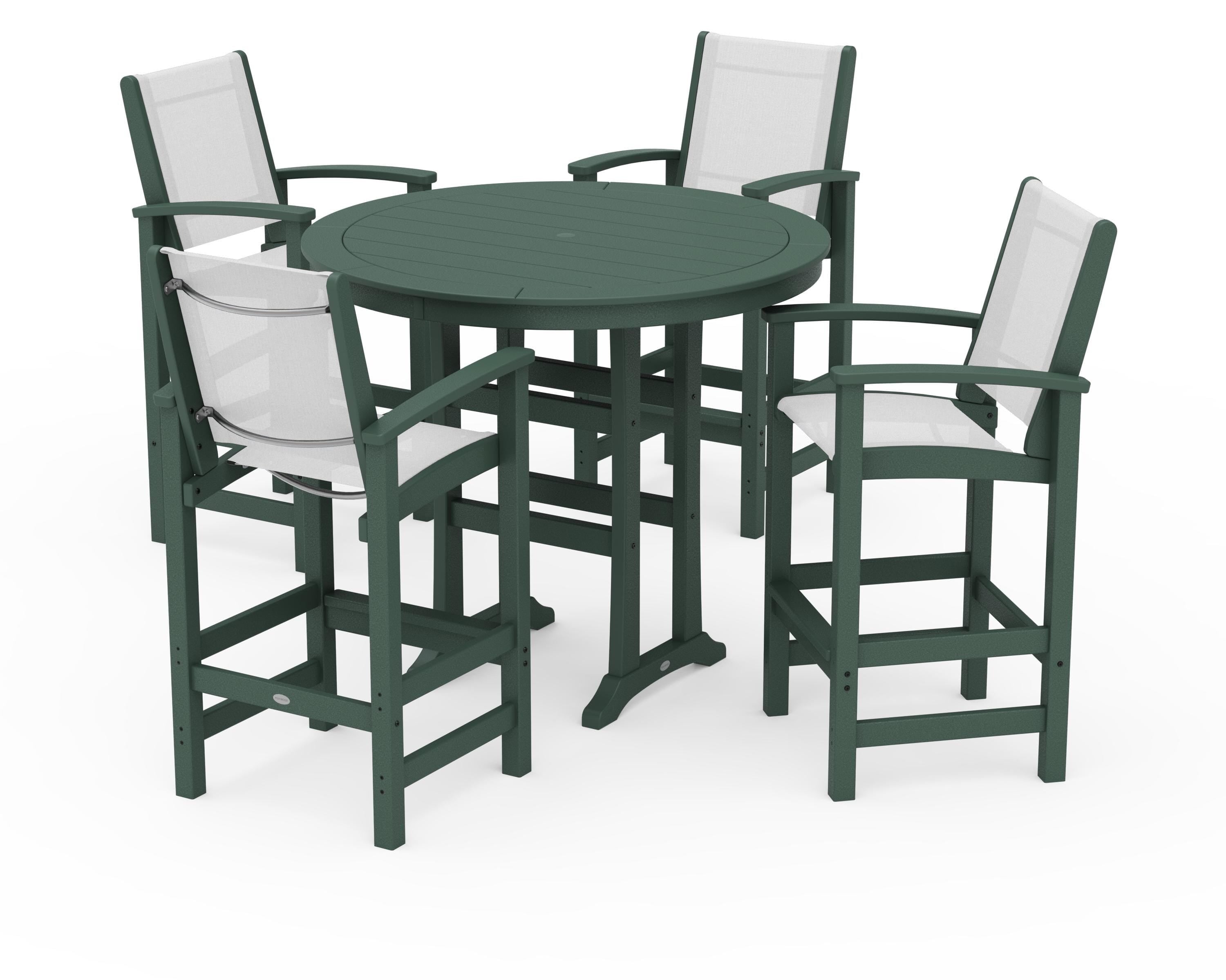 POLYWOOD® Coastal 5-Piece Nautical Trestle Bar Set in Green / White Sling