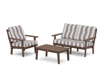 POLYWOOD® Prairie 3-Piece Deep Seating Set with Loveseat in Mahogany / Cabana Stripe Grey Mist