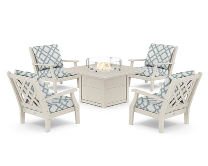Country Living Wovendale 5-Piece Deep Seating Set with Fire Pit Table in Sand / Trellis Glacier Spa