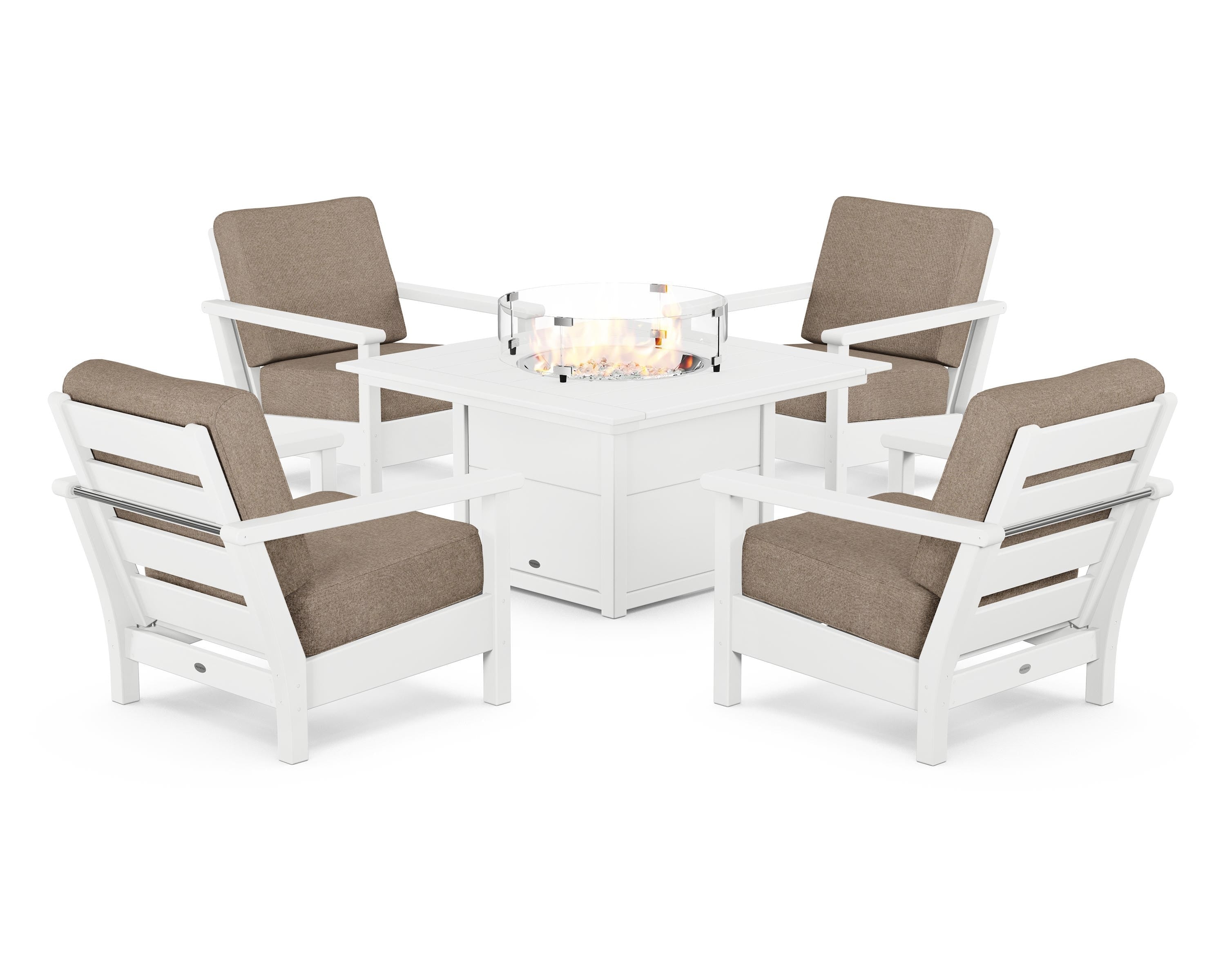 POLYWOOD® Harbour 5-Piece Conversation Set with Fire Pit Table in White / Spiced Burlap