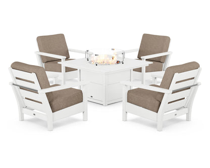 POLYWOOD® Harbour 5-Piece Conversation Set with Fire Pit Table in White / Spiced Burlap