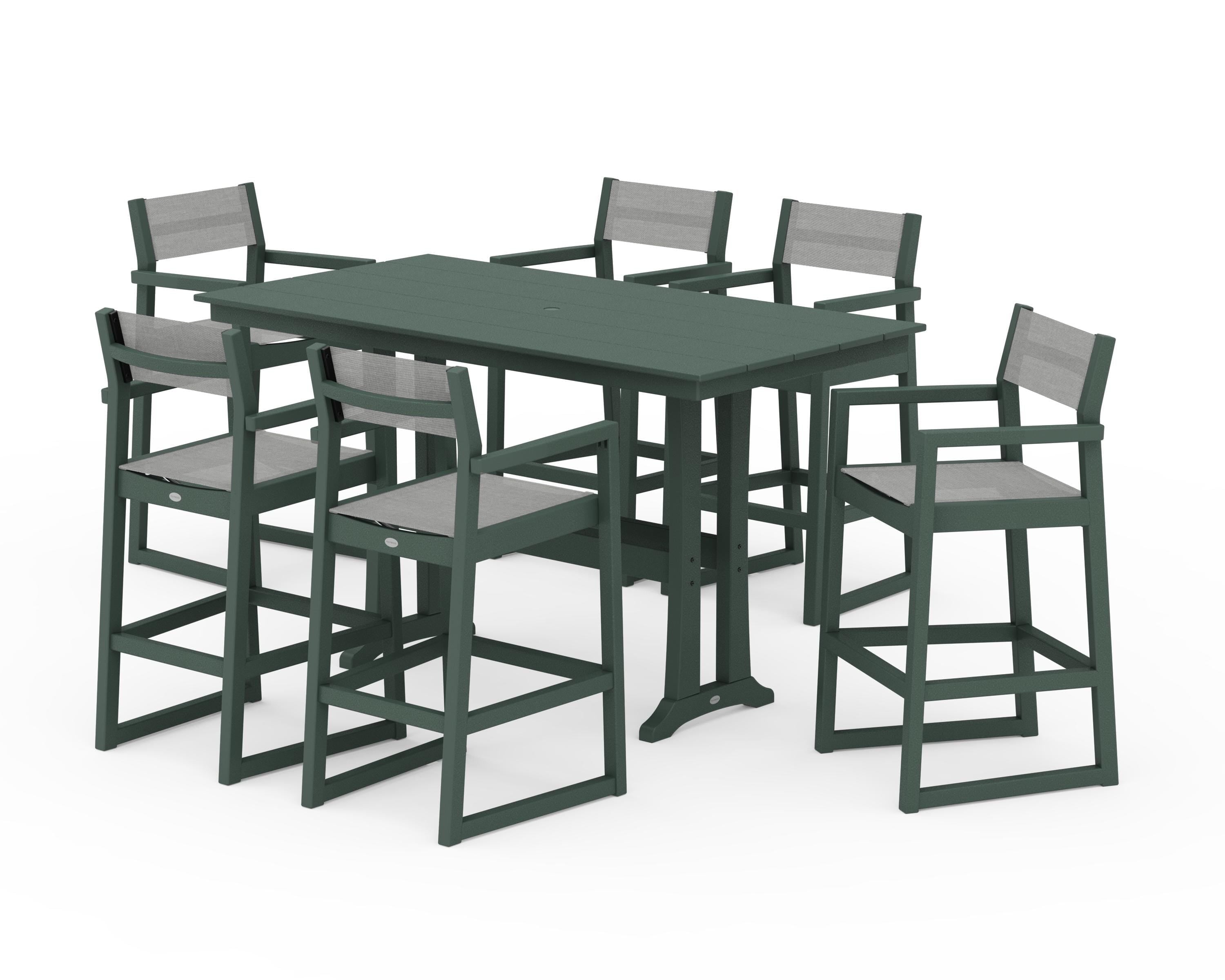 POLYWOOD® EDGE Sling Arm Chair 7-Piece Farmhouse Bar Set with Trestle Legs in Green / Metallic Sling