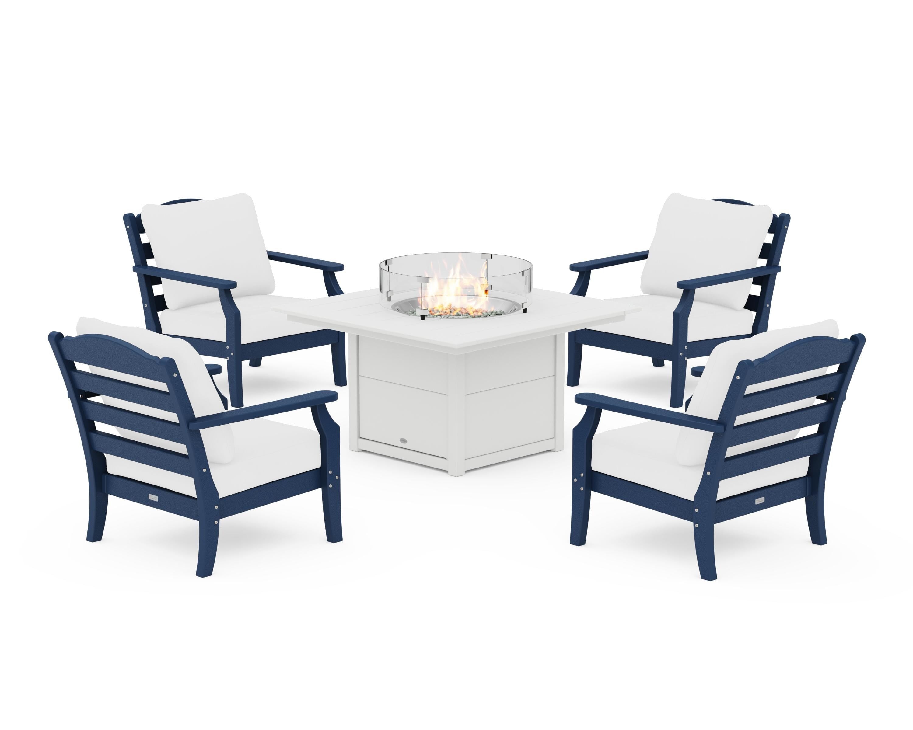 Draper James™ by  POLYWOOD® Savannah 5-Piece Deep Seating Set with Fire Pit Table in Navy / Natural