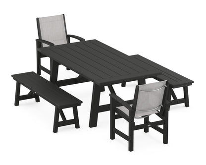 POLYWOOD® Coastal 5-Piece Rustic Farmhouse Dining Set With Benches in Black / Parchment Sling