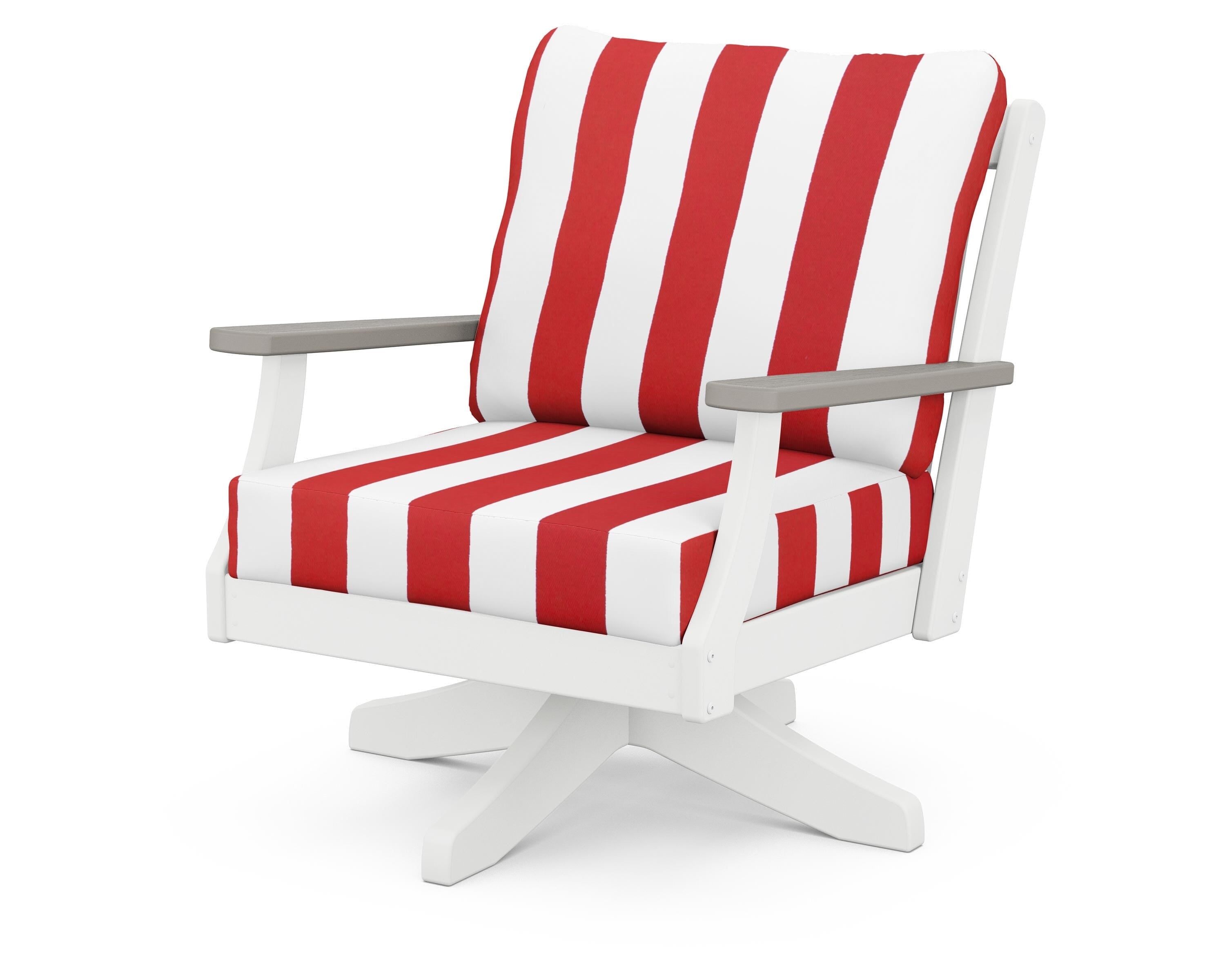 POLYWOOD® Braxton Deep Seating Swivel Chair in White / Driftwood / Cabana Stripe Crimson