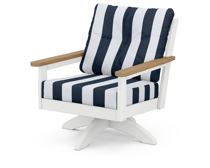 POLYWOOD® Vineyard Deep Seating Swivel Chair in White / Natural / Cabana Stripe Marine Indigo