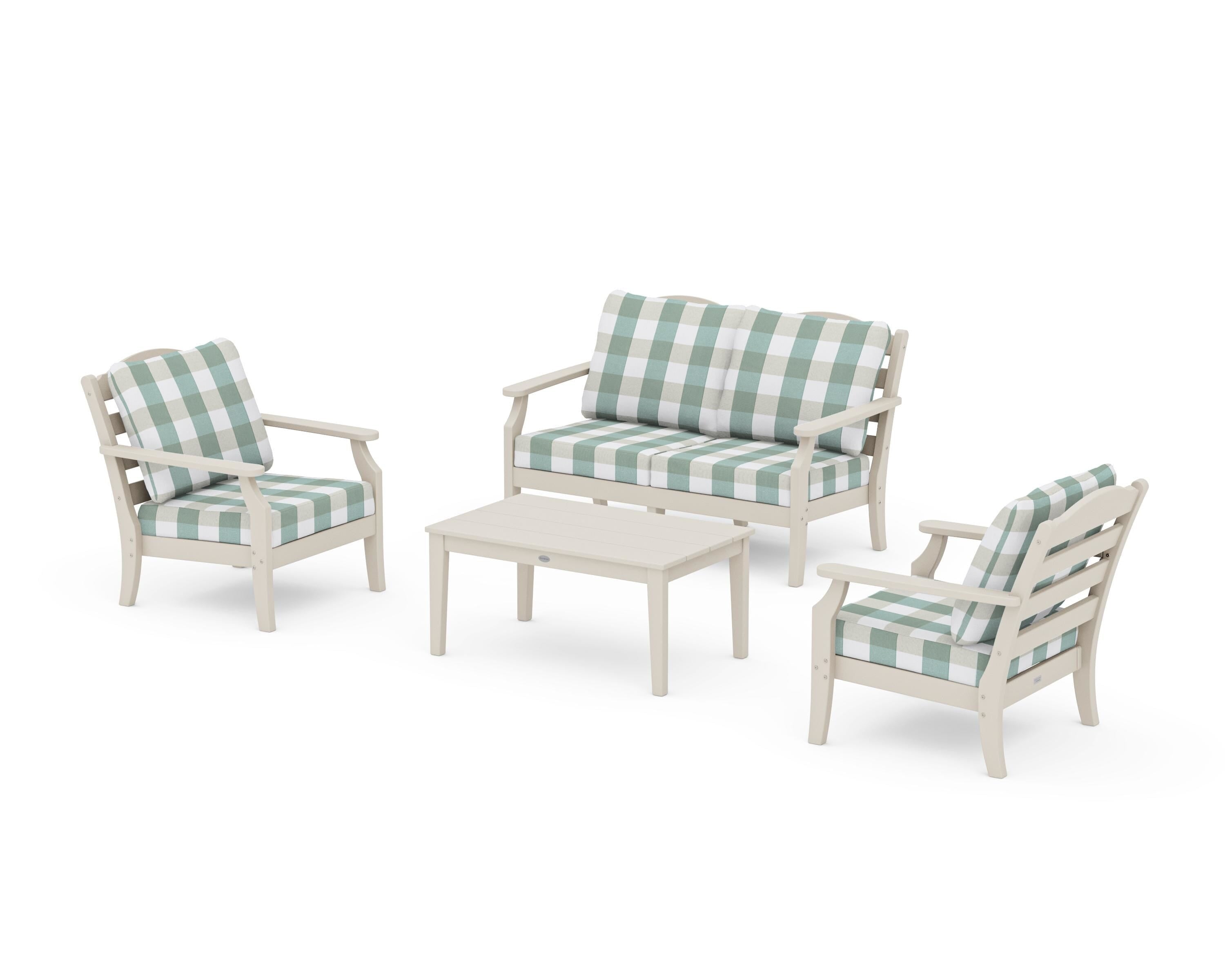 Draper James™ by  POLYWOOD® Savannah 4-Piece Deep Seating Set with Loveseat in Sand / Buffalo Plaid Glacier Spa