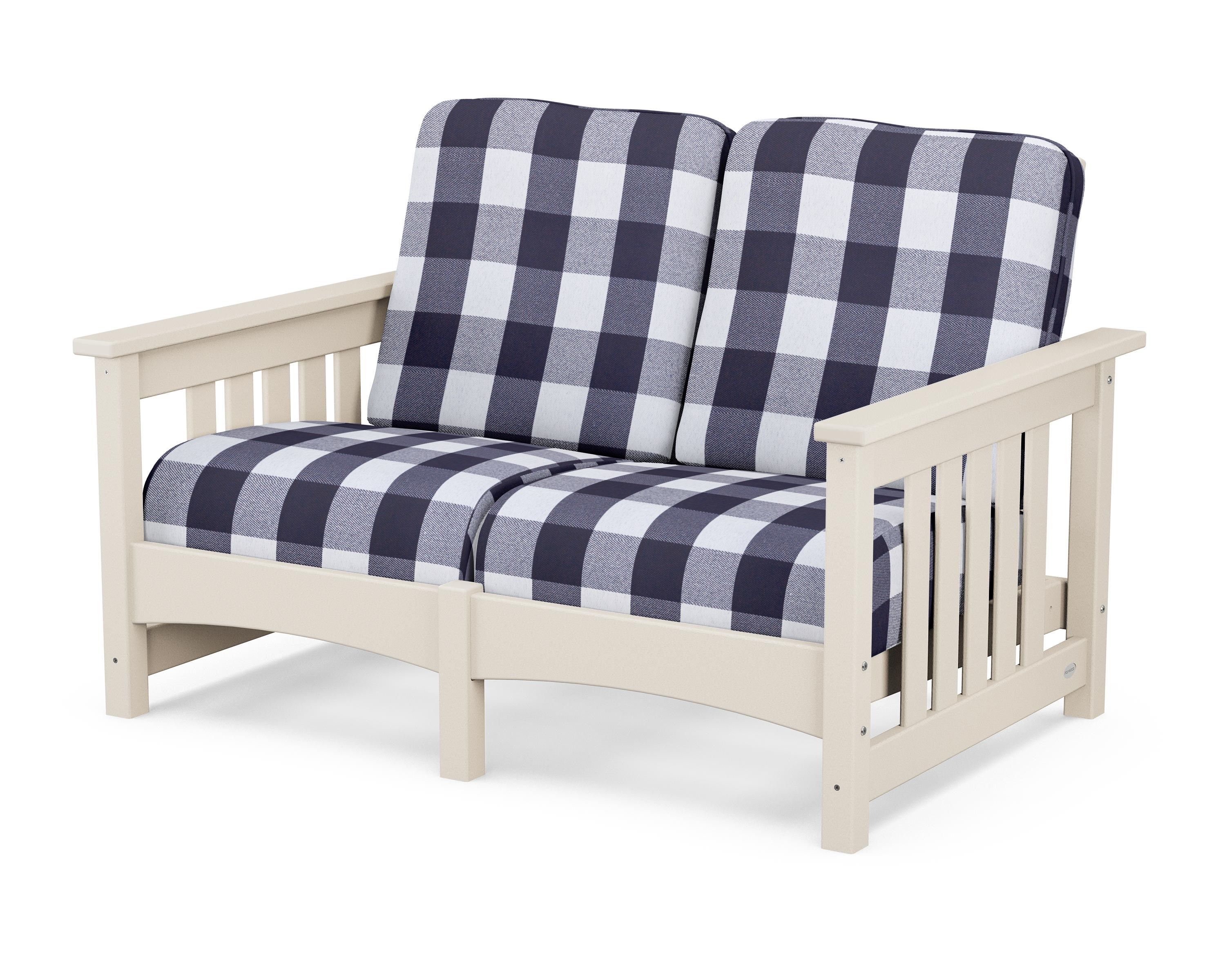 POLYWOOD® Club Mission Loveseat in Sand / Buffalo Plaid Navy