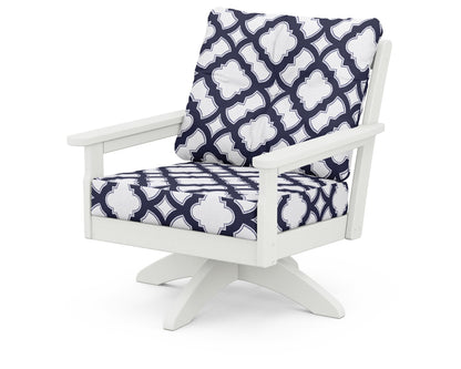 POLYWOOD® Vineyard Deep Seating Swivel Chair in Vintage White / Trellis Navy