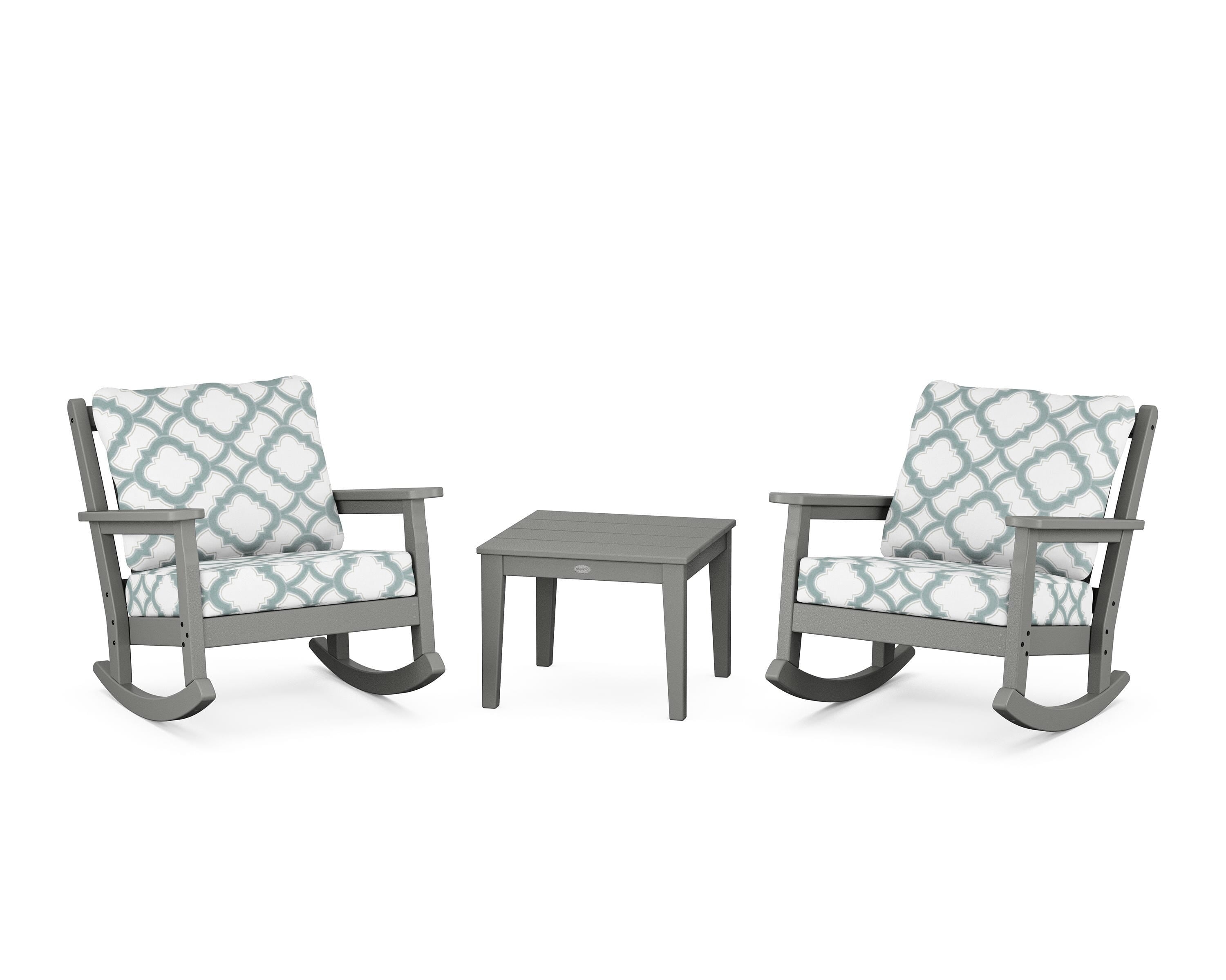 POLYWOOD® Chippendale 3-Piece Deep Seating Rocker Set in Slate Grey / Trellis Glacier Spa