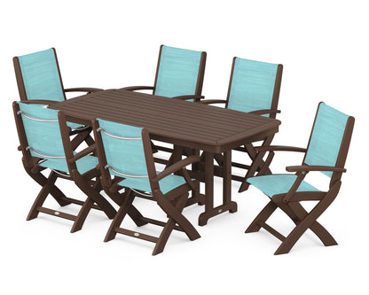 POLYWOOD® Coastal Folding Arm Chair 7-Piece Dining Set in Mahogany / Dupioni Aquamarine Sling