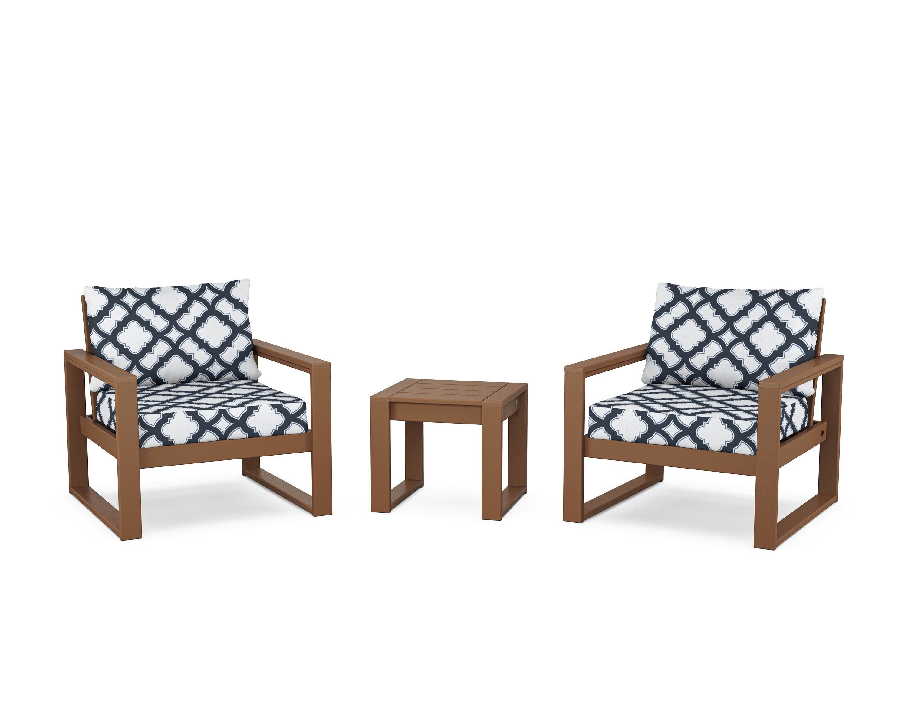 POLYWOOD® EDGE Sectional 3-Piece Deep Seating Set in Teak / Trellis Marine Indigo