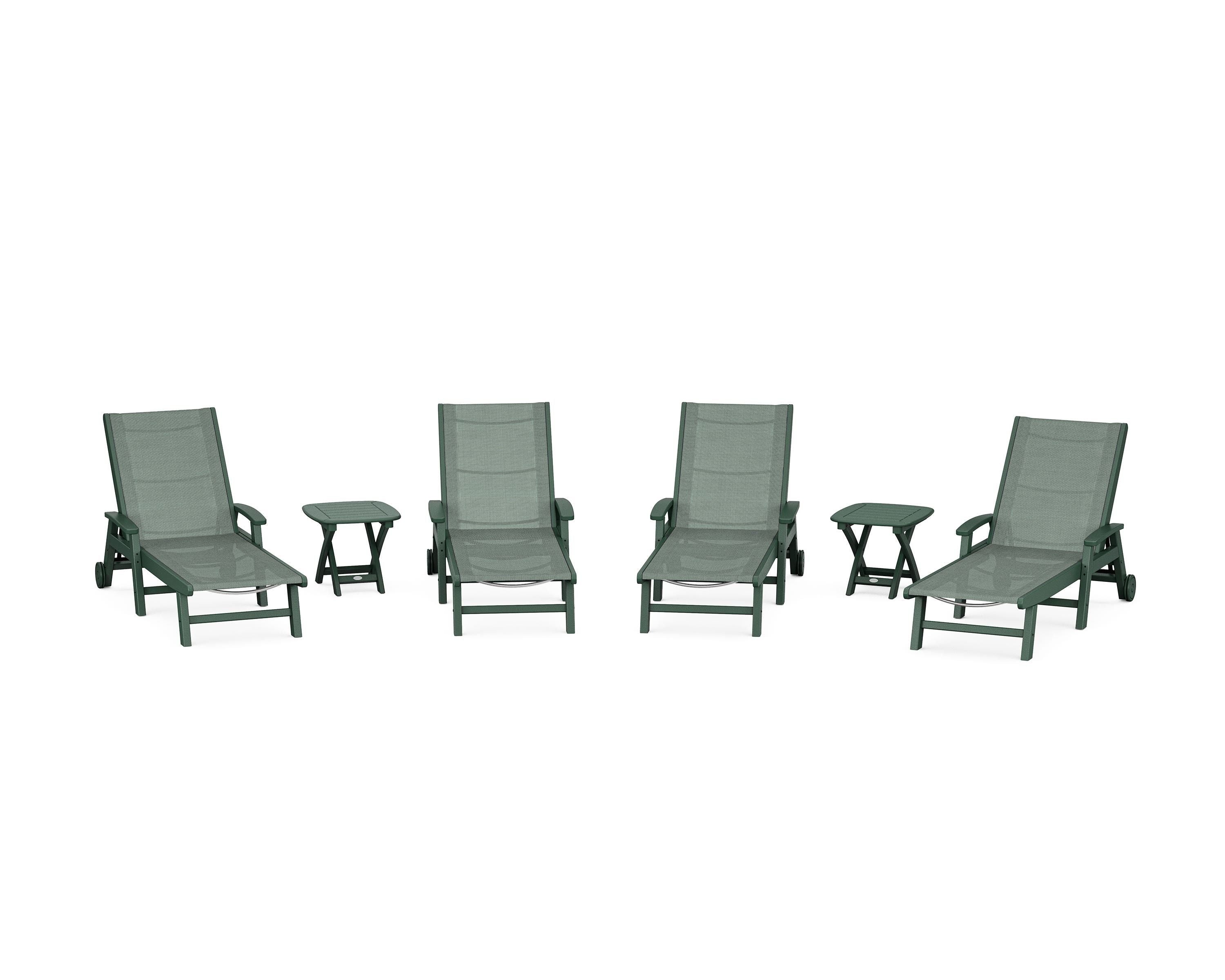 POLYWOOD® Coastal Chaise 6-Piece Set with Wheels in Green / Dupioni Sea Mist Sling