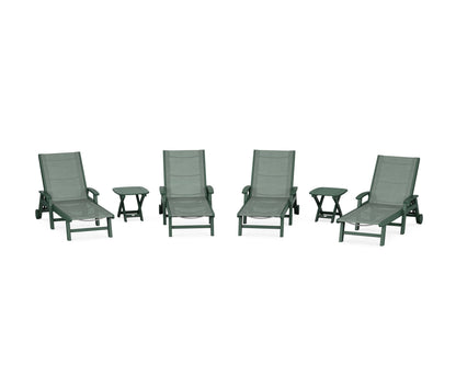 POLYWOOD® Coastal Chaise 6-Piece Set with Wheels in Green / Dupioni Sea Mist Sling