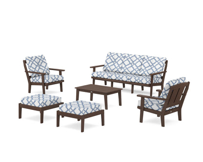 POLYWOOD® Mission 6-Piece Lounge Sofa Set in Mahogany / Trellis Sky Blue