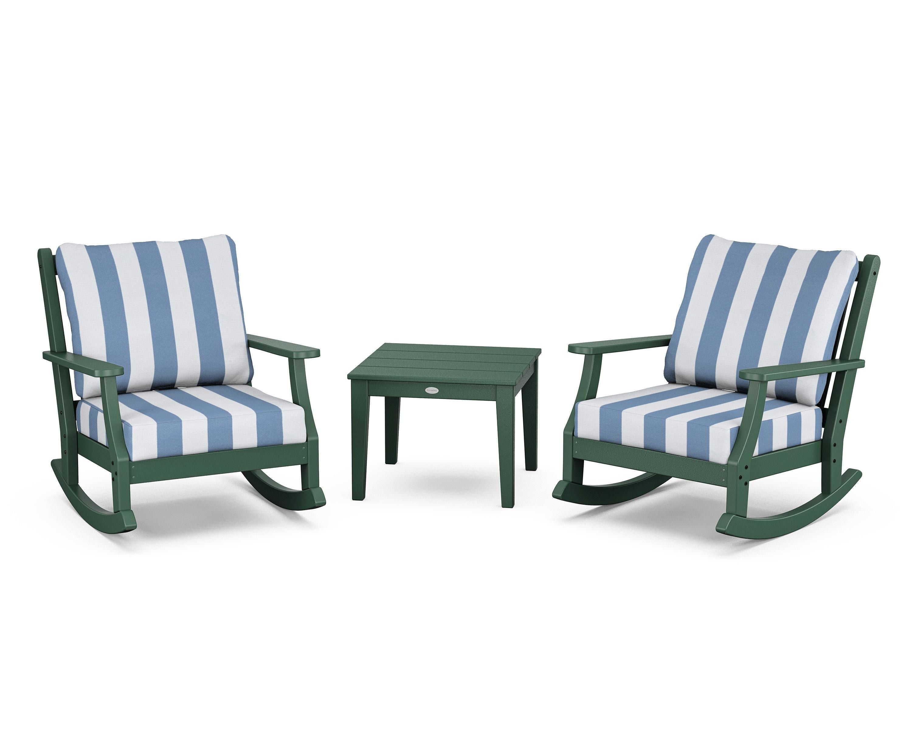 Country Living Wovendale 3-Piece Deep Seating Rocker Set in Green / Cabana Stripe Sky Blue