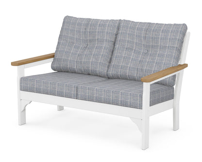 POLYWOOD® Vineyard Deep Seating Loveseat in White / Natural / Houndstooth Sky Blue