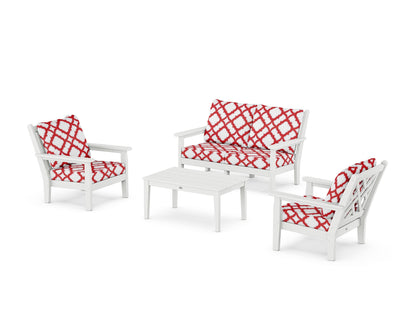 POLYWOOD® Chippendale 4-Piece Deep Seating Set with Loveseat in White / Trellis Crimson
