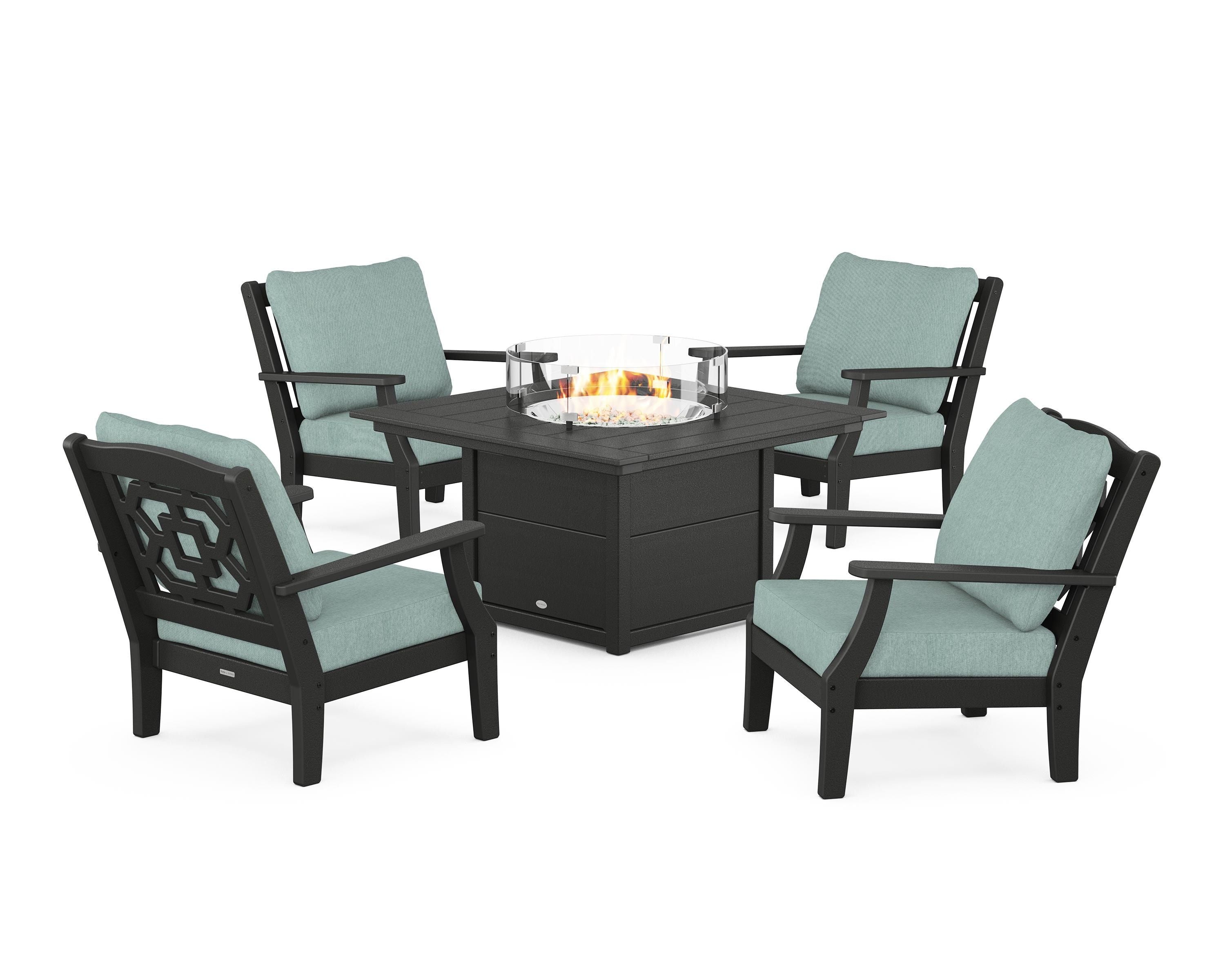 Martha Stewart by POLYWOOD® Chinoiserie 5-Piece Deep Seating Set with Fire Pit Table in Black / Glacier Spa