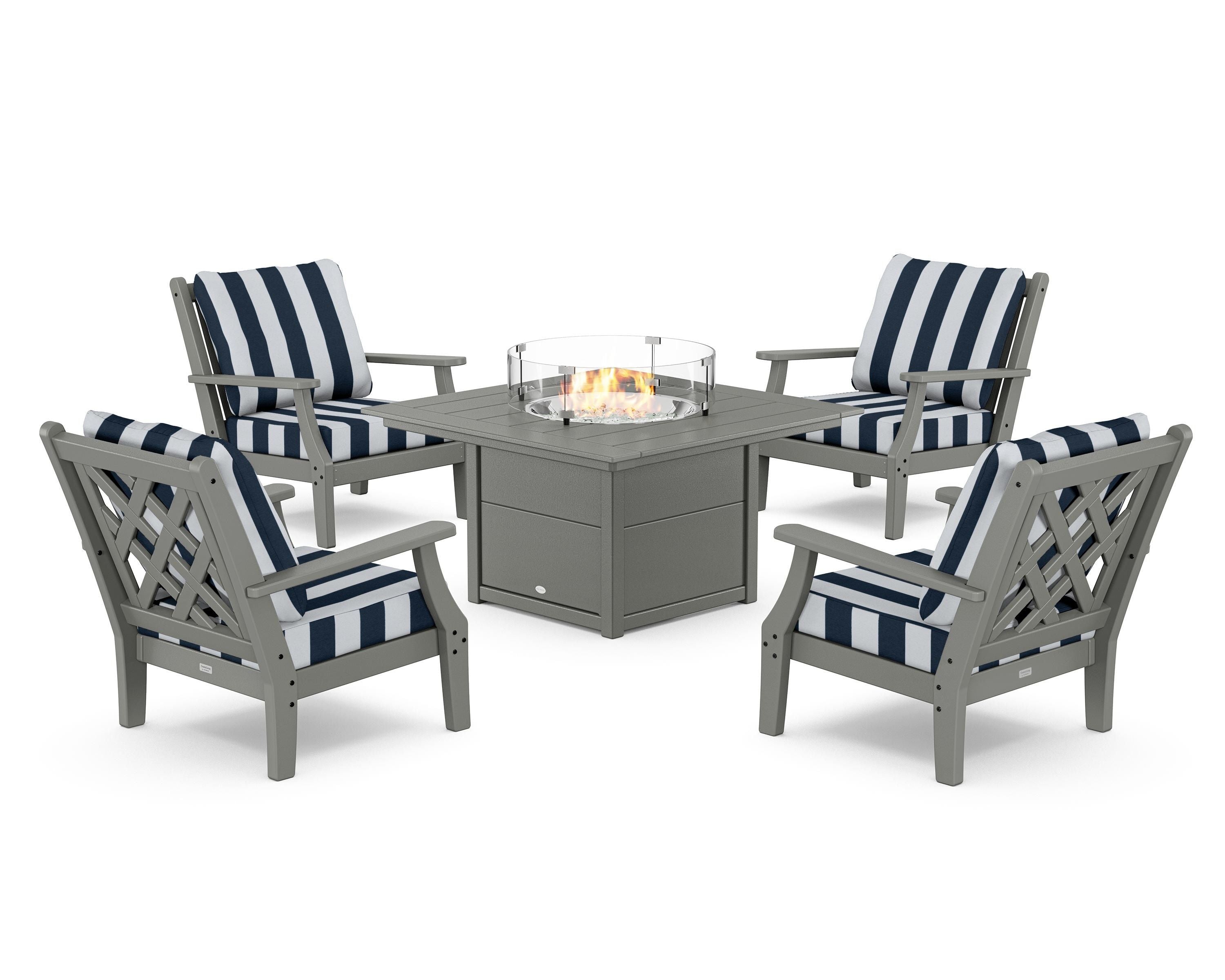 Country Living Wovendale 5-Piece Deep Seating Set with Fire Pit Table in Slate Grey / Cabana Stripe Marine Indigo