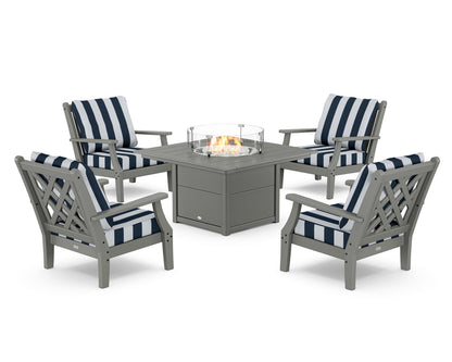 Country Living Wovendale 5-Piece Deep Seating Set with Fire Pit Table in Slate Grey / Cabana Stripe Marine Indigo