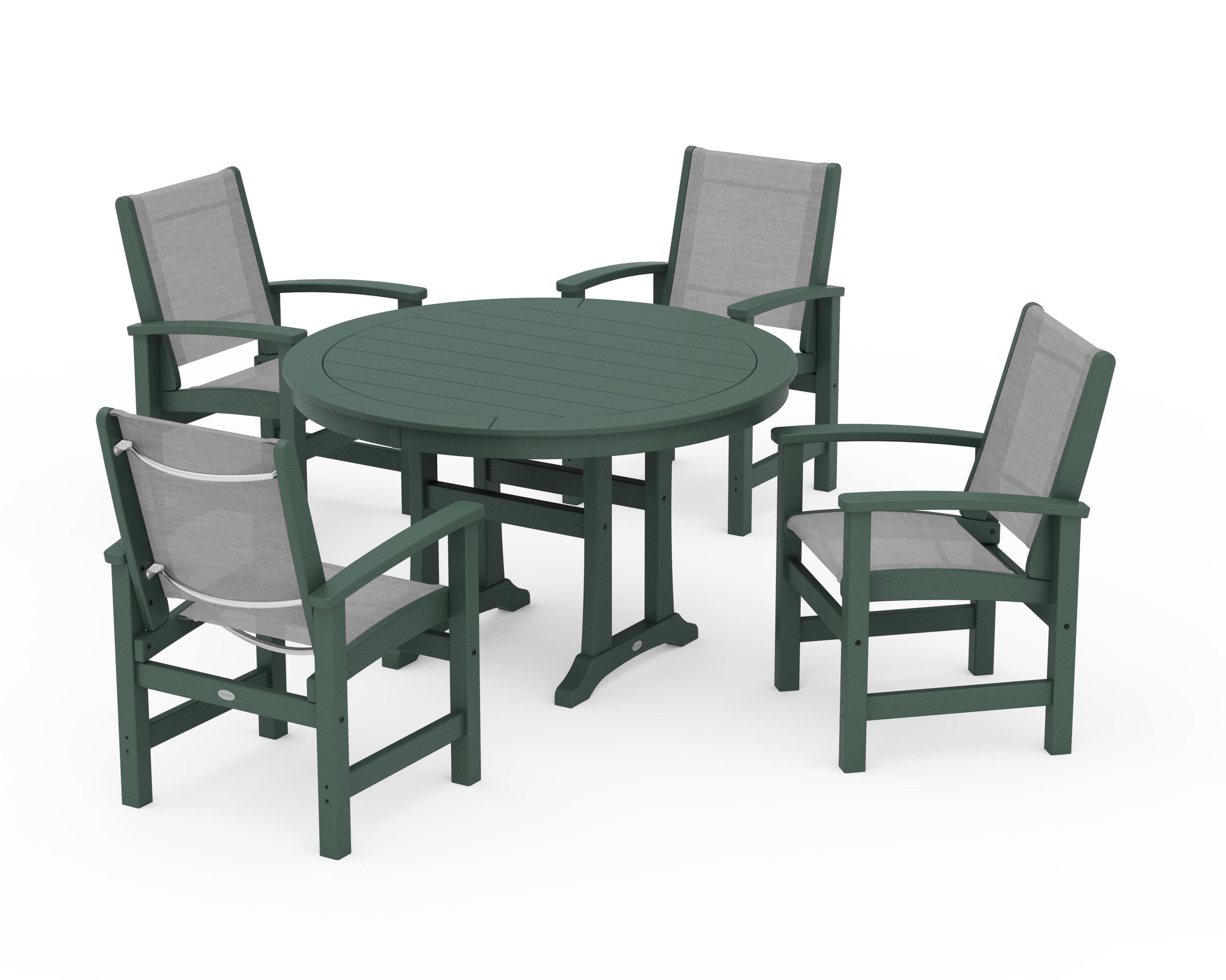 POLYWOOD® Coastal 5-Piece Round Dining Set with Trestle Legs in Green / Metallic Sling