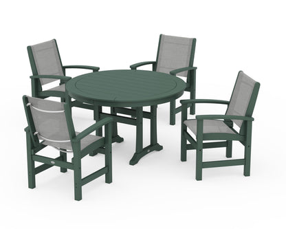 POLYWOOD® Coastal 5-Piece Round Dining Set with Trestle Legs in Green / Metallic Sling