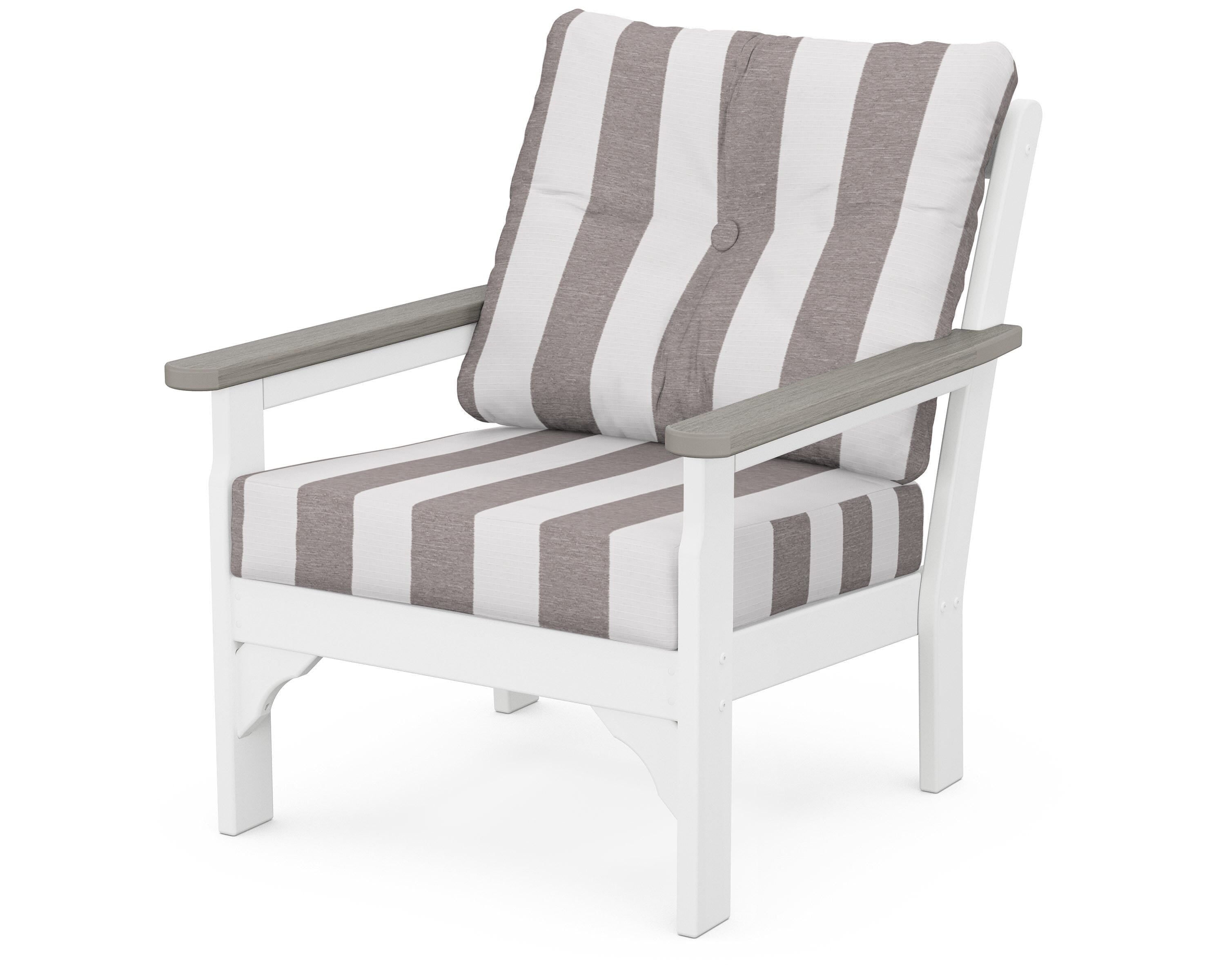 POLYWOOD® Vineyard Deep Seating Chair in White / Driftwood / Cabana Stripe Grey Mist