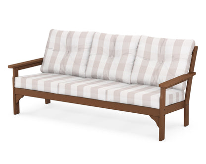 POLYWOOD® Vineyard Deep Seating Sofa in Teak / Buffalo Plaid Dune Burlap