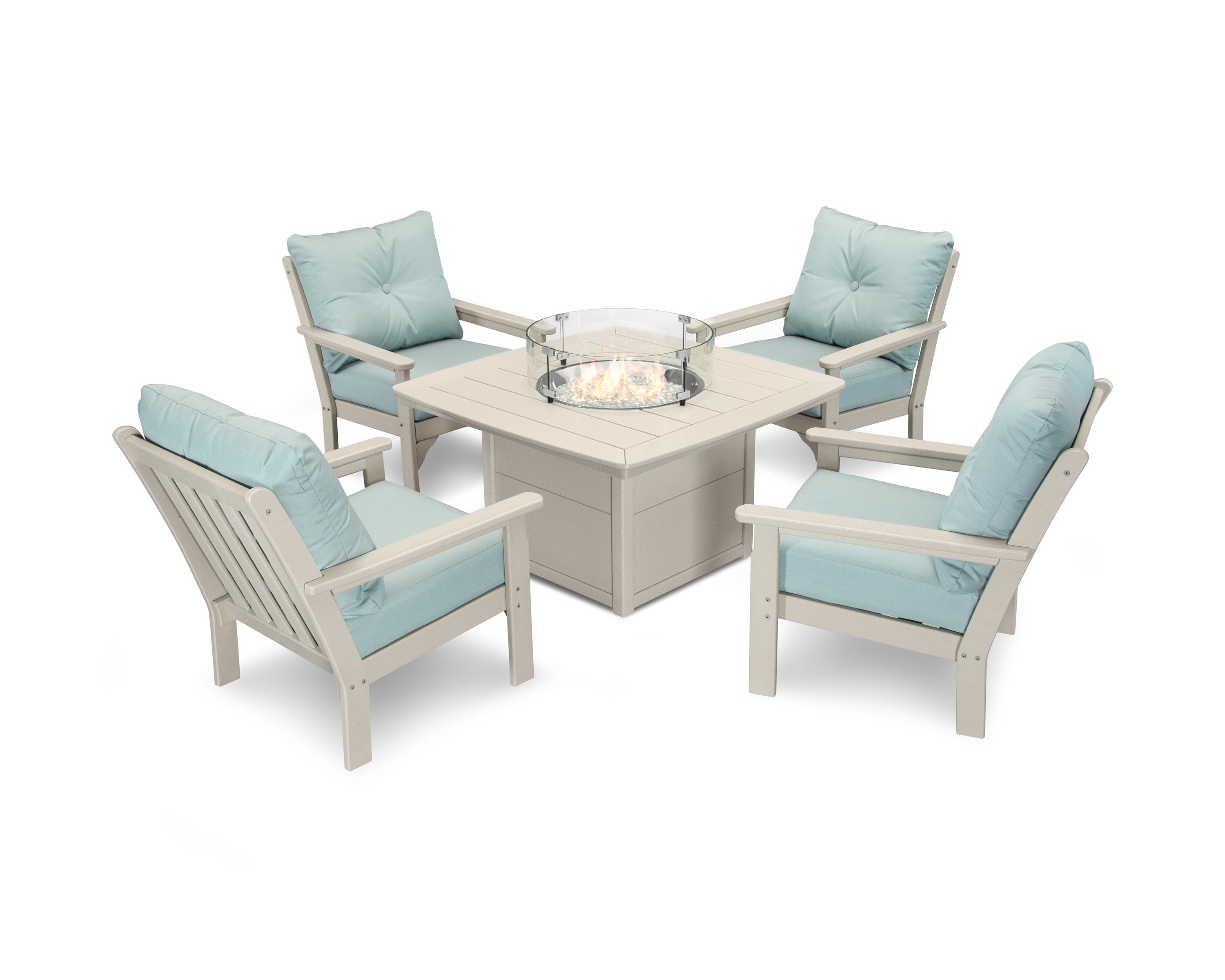 POLYWOOD® Vineyard 5-Piece Conversation Set with Fire Pit Table in Sand / Spa