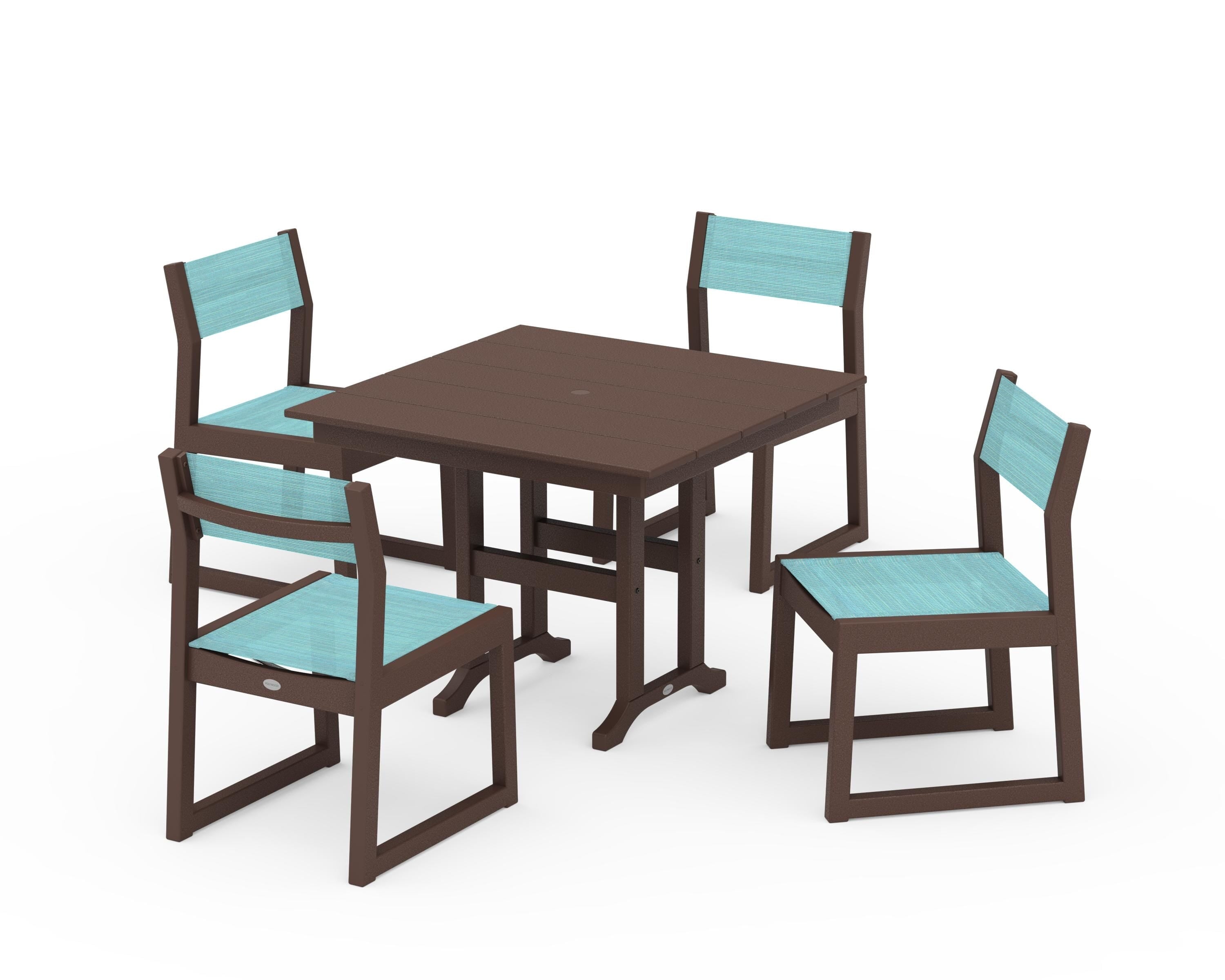 POLYWOOD® EDGE Sling Side Chair 5-Piece Farmhouse Dining Set in Mahogany / Dupioni Aquamarine Sling