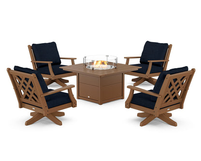 Country Living Wovendale 5-Piece Deep Seating Swivel Conversation Set with Fire Pit Table in Teak / Marine Indigo