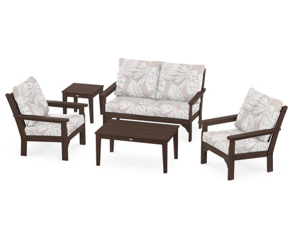 POLYWOOD® Vineyard 5-Piece Deep Seating Set in Mahogany / Leaf Dune Burlap
