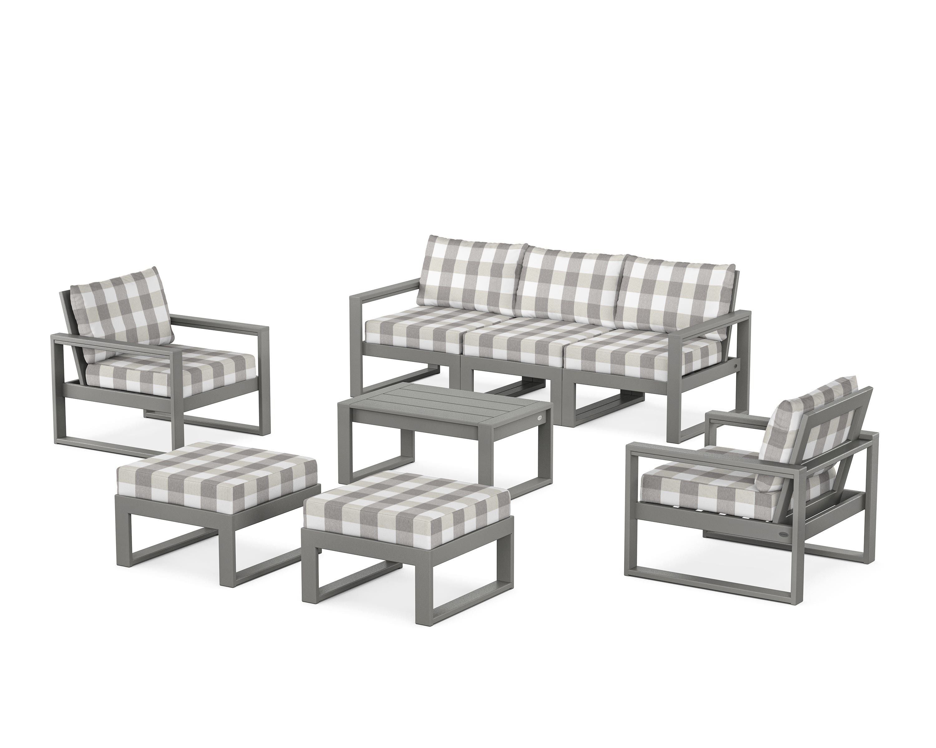 POLYWOOD® EDGE Sectional 8-Piece Lounge Sofa Set in Slate Grey / Buffalo Plaid Grey Mist
