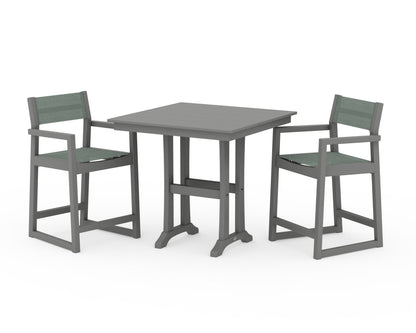 POLYWOOD® EDGE Sling Arm Chair 3-Piece Farmhouse Counter Set with Trestle Legs in Slate Grey / Dupioni Sea Mist Sling