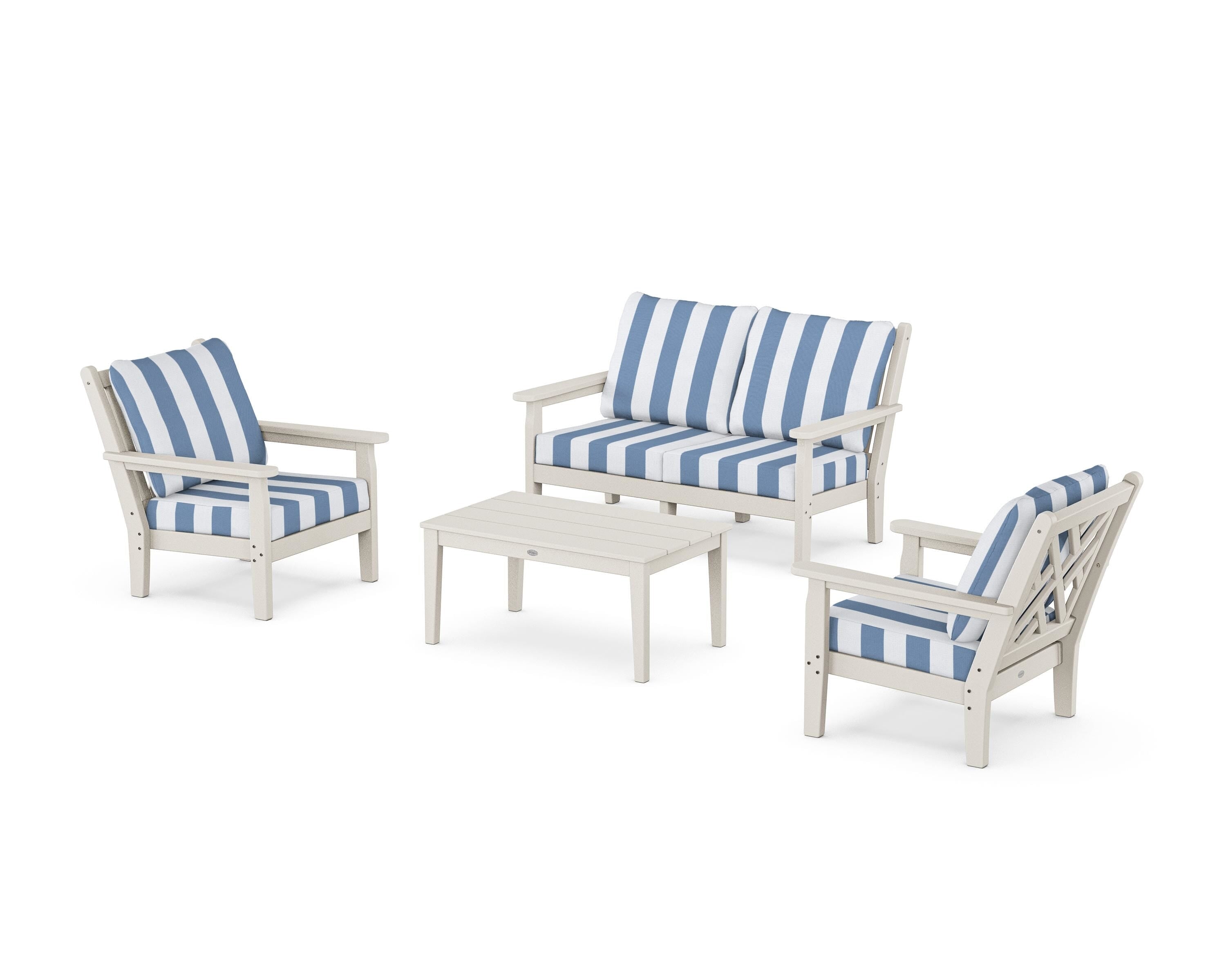 POLYWOOD® Chippendale 4-Piece Deep Seating Set with Loveseat in Sand / Cabana Stripe Sky Blue