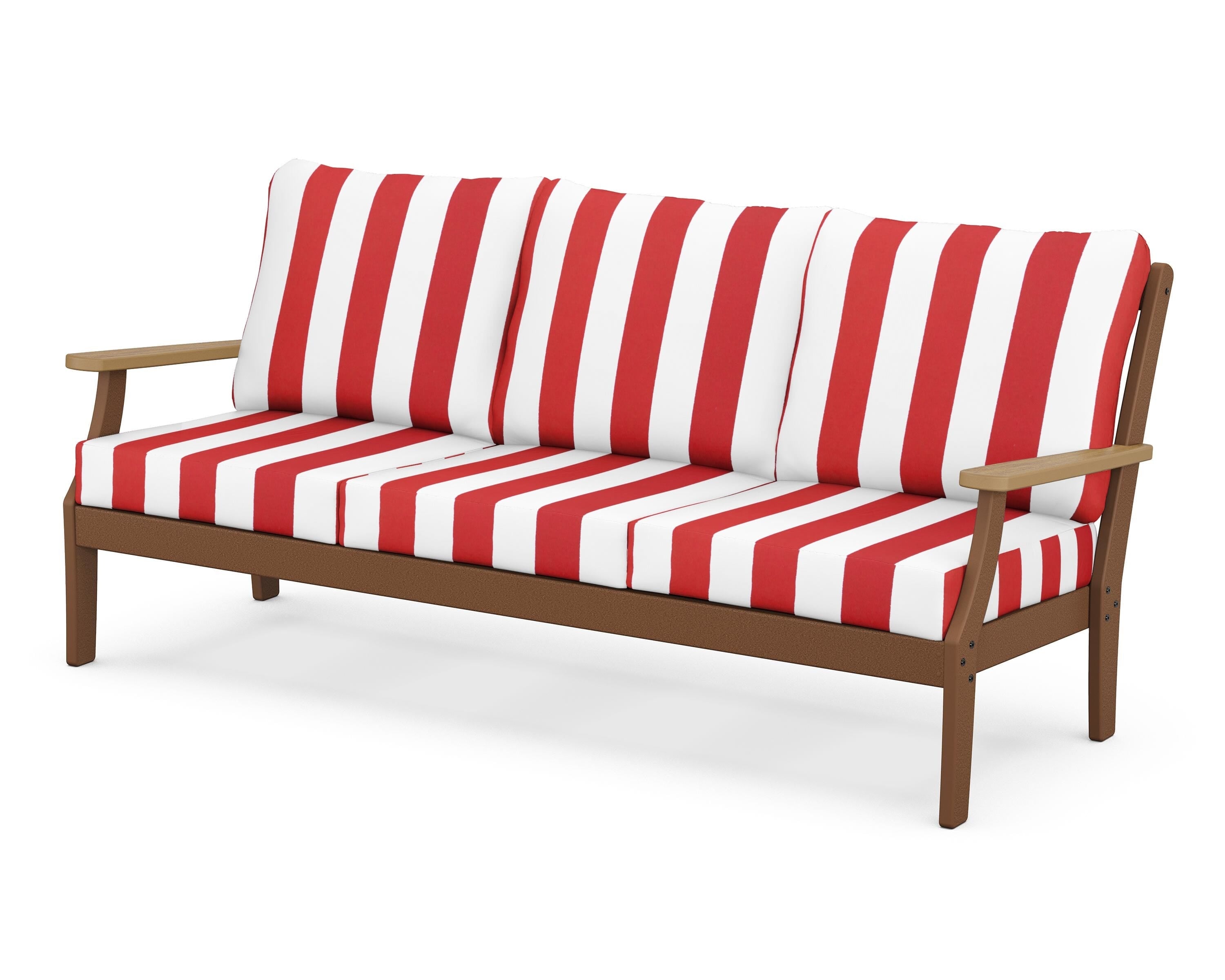 POLYWOOD® Braxton Deep Seating Sofa in Teak / Natural / Cabana Stripe Crimson