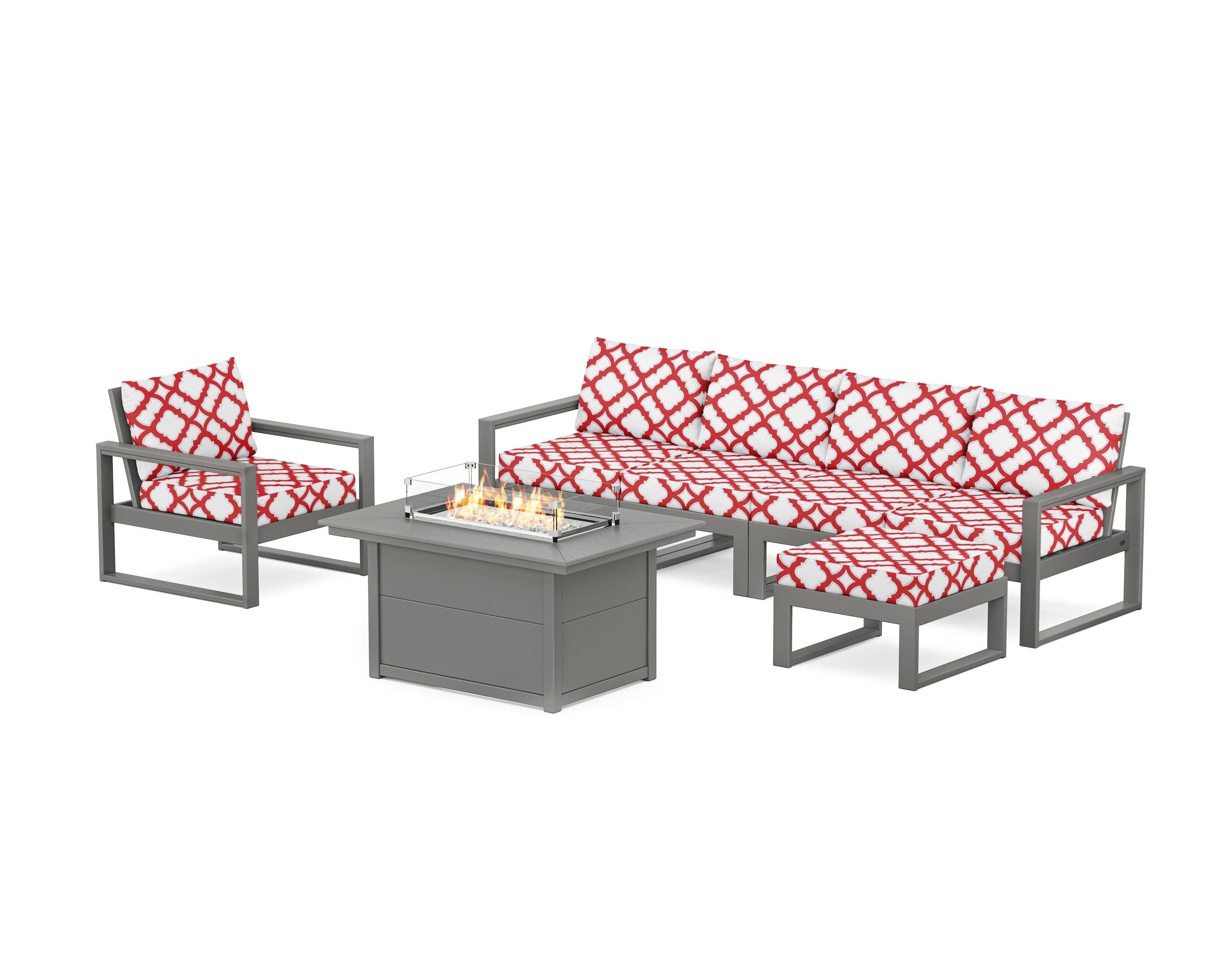 POLYWOOD® EDGE Sectional Lounge and Fire Pit Set in Slate Grey / Trellis Crimson