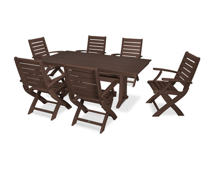 POLYWOOD® Signature Folding Chair 7-Piece Farmhouse Dining Set with Trestle Legs in Mahogany