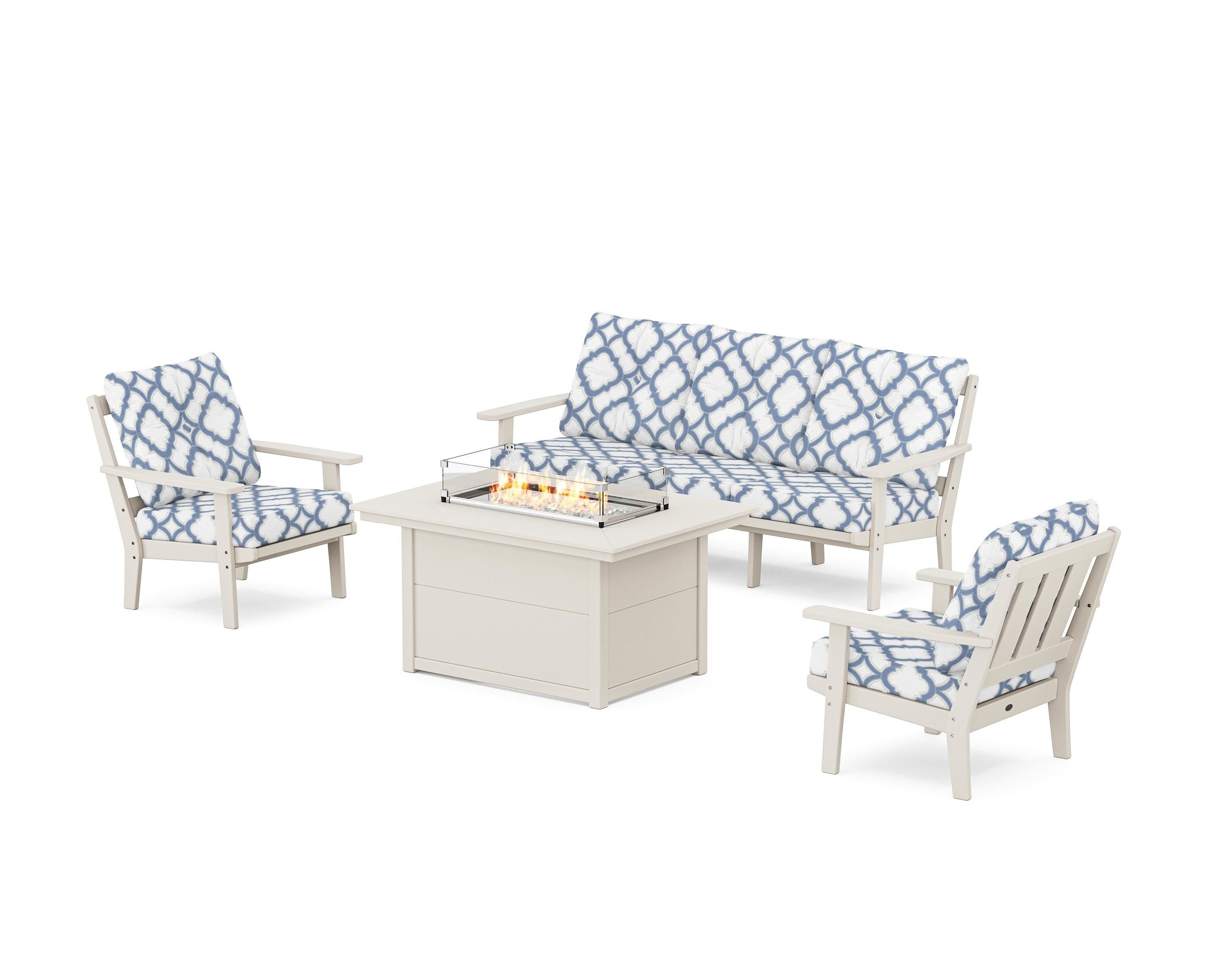 POLYWOOD® Oxford Deep Seating Fire Pit Table Set in Sand / Trellis Sky Blue