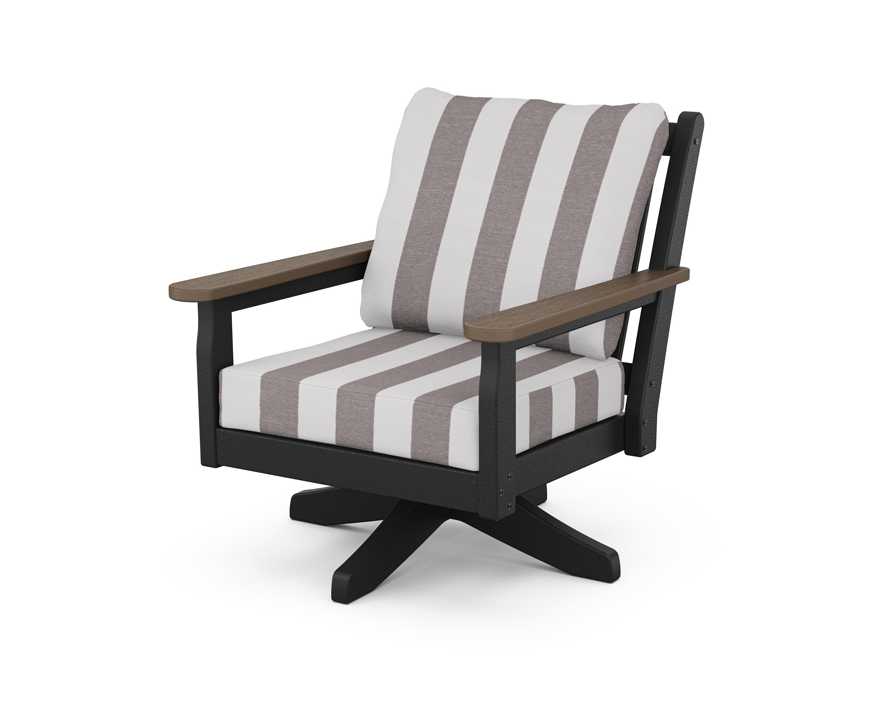 POLYWOOD® Chippendale Deep Seating Swivel Chair in Black / Kona / Cabana Stripe Grey Mist