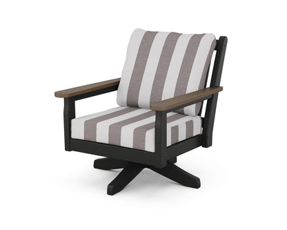 POLYWOOD® Chippendale Deep Seating Swivel Chair in Black / Kona / Cabana Stripe Grey Mist